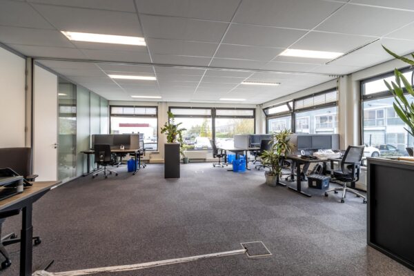 Modern kantoorinterieur aan de Lage Biezenweg met meerdere werkplekken, grote ramen en groene planten.